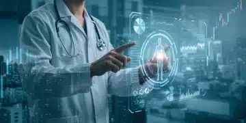 Futuristic doctor interacting with advanced MedTech, financial charts in background