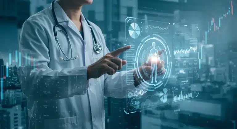 Futuristic doctor interacting with advanced MedTech, financial charts in background