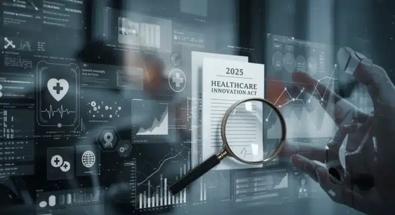 Illustration of the 2025 Healthcare Innovation Act's impact on MedTech R&D funding, showing digital health tools and financial charts.