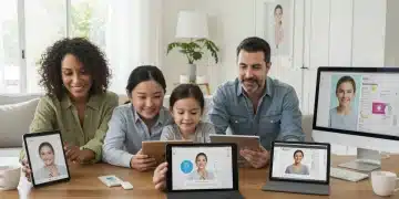 Family using mental health technology on devices at home