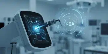 Futuristic AI medical device with digital overlay of FDA regulations