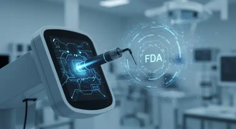 Futuristic AI medical device with digital overlay of FDA regulations