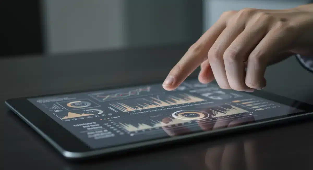 Tablet showing healthcare data visualization with a hand pointing to trends.