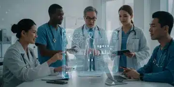 Healthcare professionals collaborating on digital medical innovations in a modern office setting.