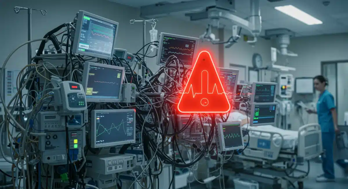Cybersecurity vulnerability in a hospital network with interconnected medical devices.