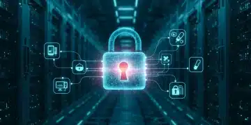 Secure padlock over medical device icons and flowing patient data, representing medtech cybersecurity.