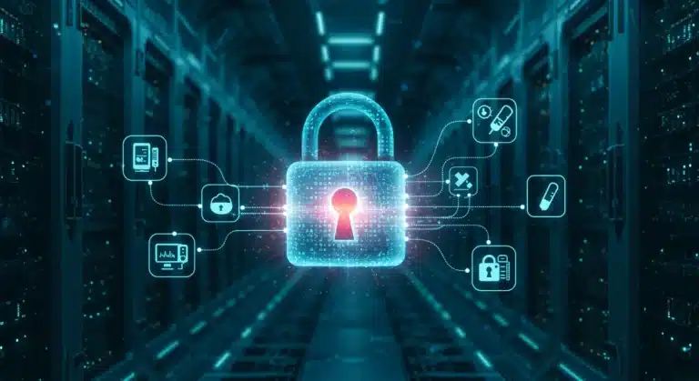 Secure padlock over medical device icons and flowing patient data, representing medtech cybersecurity.