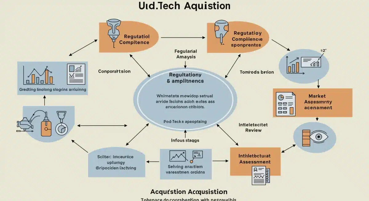 Infographic detailing MedTech M&A due diligence steps: financial, regulatory, IP, and market analysis.