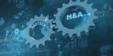 Strategic gears labeled MedTech and M&A interlocking, representing industry consolidation and growth.