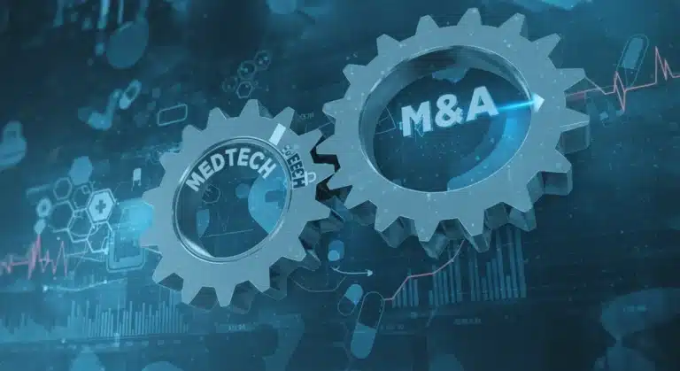 Strategic gears labeled MedTech and M&A interlocking, representing industry consolidation and growth.