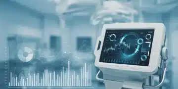 Futuristic MedTech device with overlaid financial charts, illustrating revenue forecasting