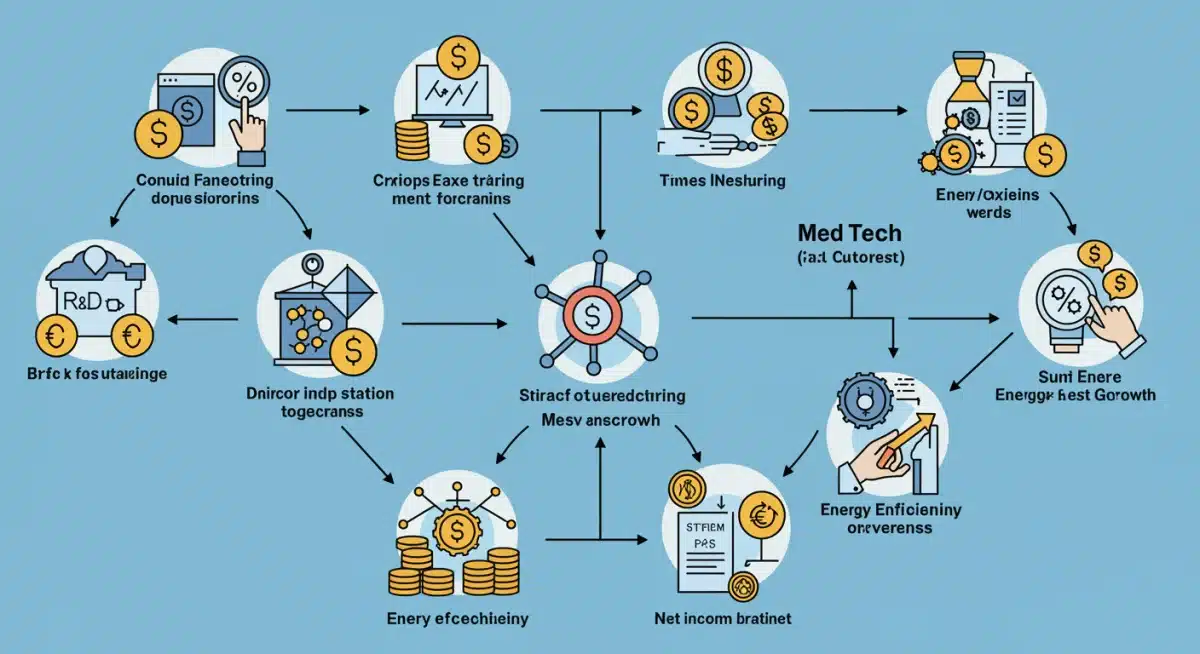 Illustration of diverse tax credit categories for MedTech companies, including R&D, manufacturing, and energy efficiency incentives, leading to financial growth.