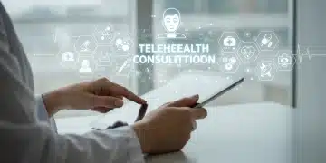 Woman engaging in a telehealth consultation on a tablet, surrounded by medical technology icons.