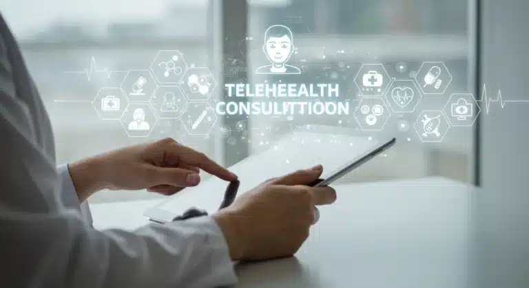 Woman engaging in a telehealth consultation on a tablet, surrounded by medical technology icons.