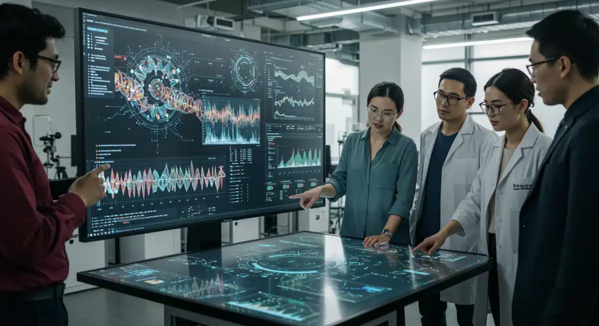 AI algorithms analyzing genomic data in a collaborative research setting