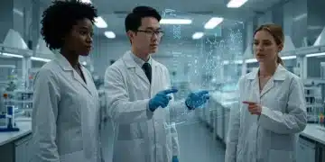 Scientists collaborating on AI research in a modern biotech lab