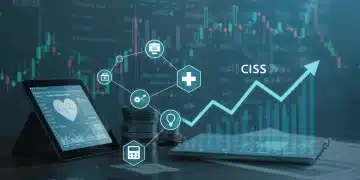 Digital health ecosystem with financial growth charts and CMS logo