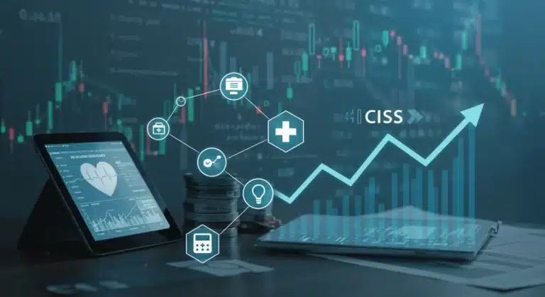 Digital health ecosystem with financial growth charts and CMS logo