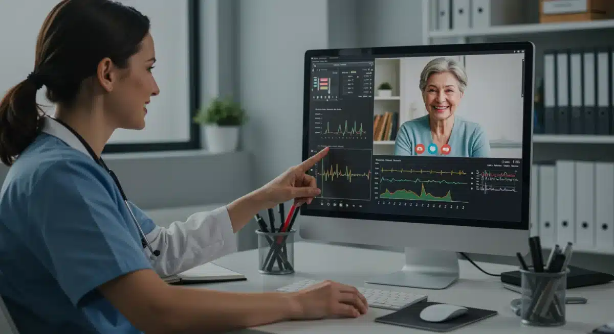 Healthcare professional reviewing remote patient data with patient on video call