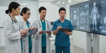 Medical professionals collaborating with digital health technology in a modern hospital