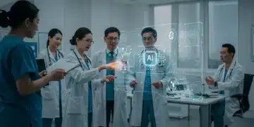 Medical professionals discussing AI ethics in a futuristic MedTech lab