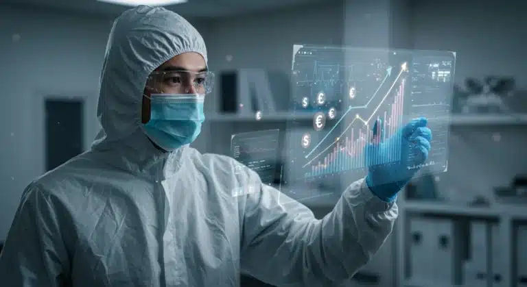 MedTech professional analyzing data with growth charts, symbolizing career advancement and financial impact.