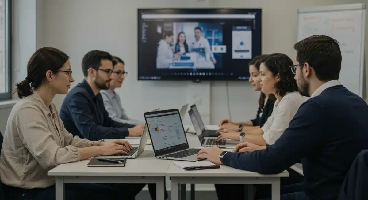 Diverse professionals collaborating in an online MedTech education session, focused on skill acquisition.