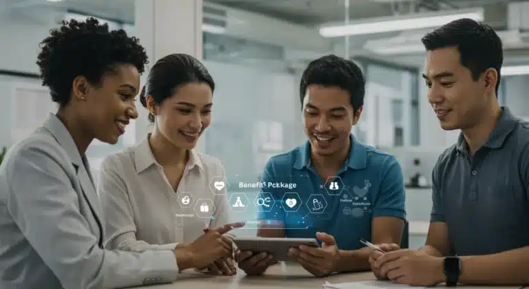 MedTech professionals reviewing 2026 employee benefits on a tablet
