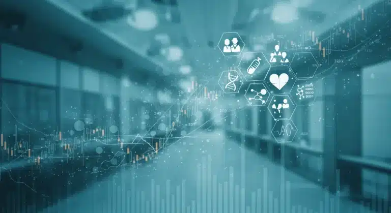 Digital stock chart with medical icons representing MedTech investment growth