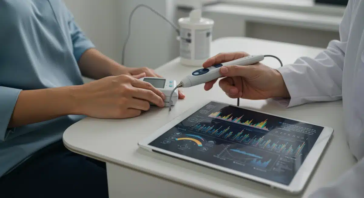 Physician using handheld diagnostic device with real-time data on a tablet