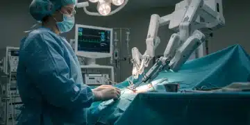 Robotic surgical assistant performing a delicate operation in a hospital setting.