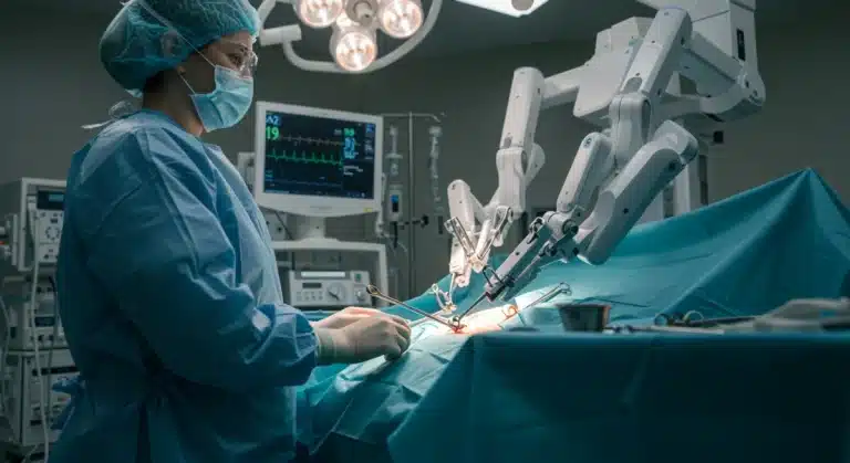 Robotic surgical assistant performing a delicate operation in a hospital setting.