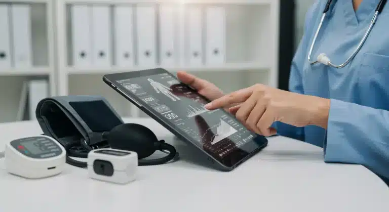 Healthcare professional reviewing remote patient monitoring data on a tablet