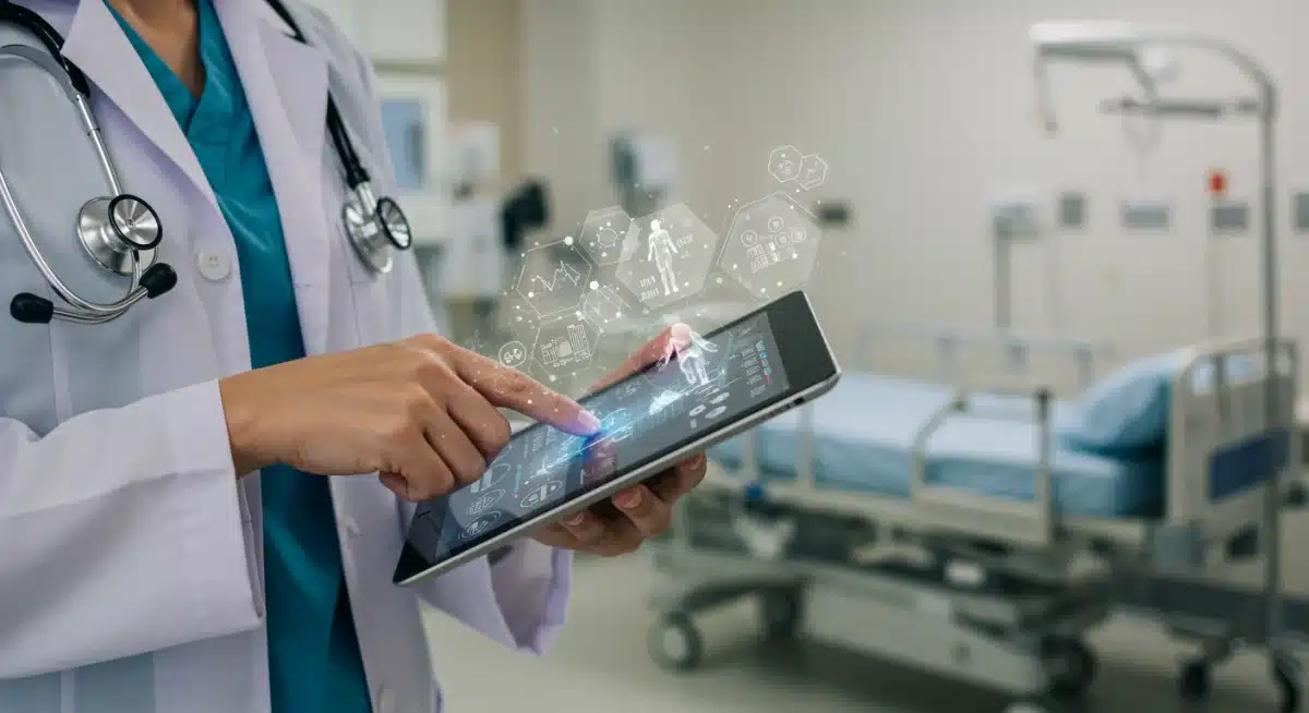 Doctor using tablet with EHR system during patient consultation