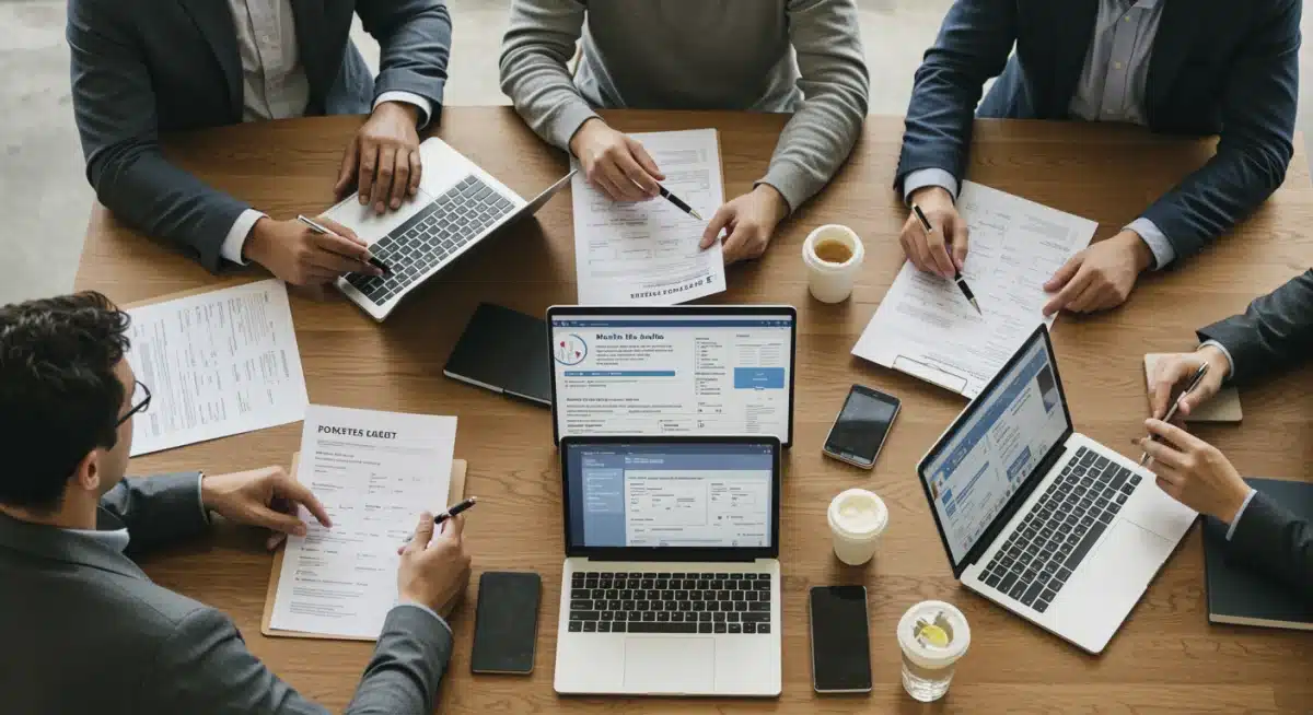 Employees discussing and comparing MedTech benefits enrollment options.