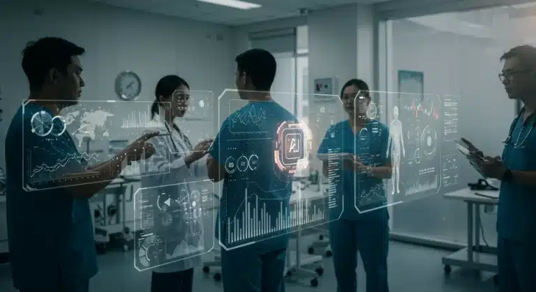 Doctors and AI interfaces in a futuristic healthcare setting