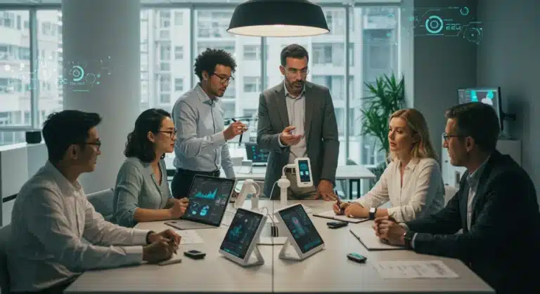 Professionals collaborating on MedTech benefits strategy in a modern office