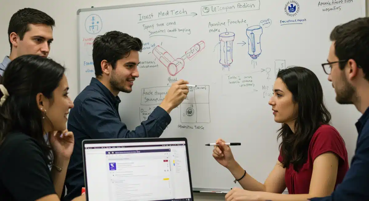 Diverse graduate students collaborating on medical device design, discussing university application strategies.