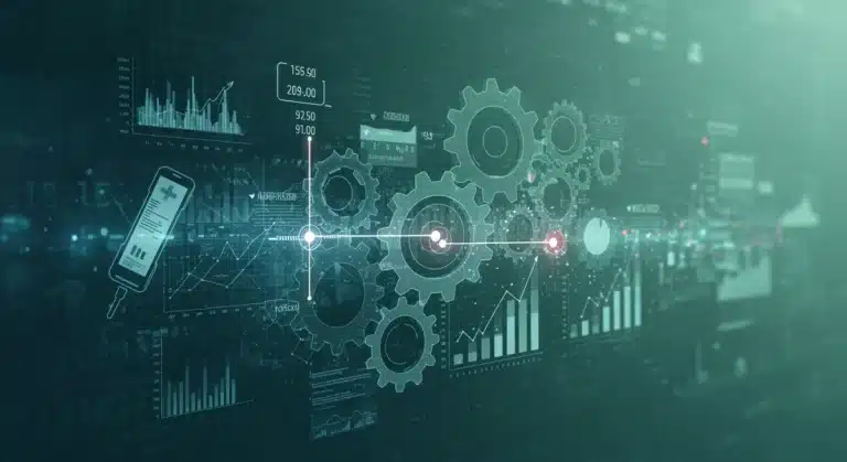 Illustration of gears and financial charts representing MedTech financial risk mitigation