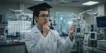 Graduate student interacting with advanced medical technology and a digital calendar displaying 2026 enrollment deadlines.