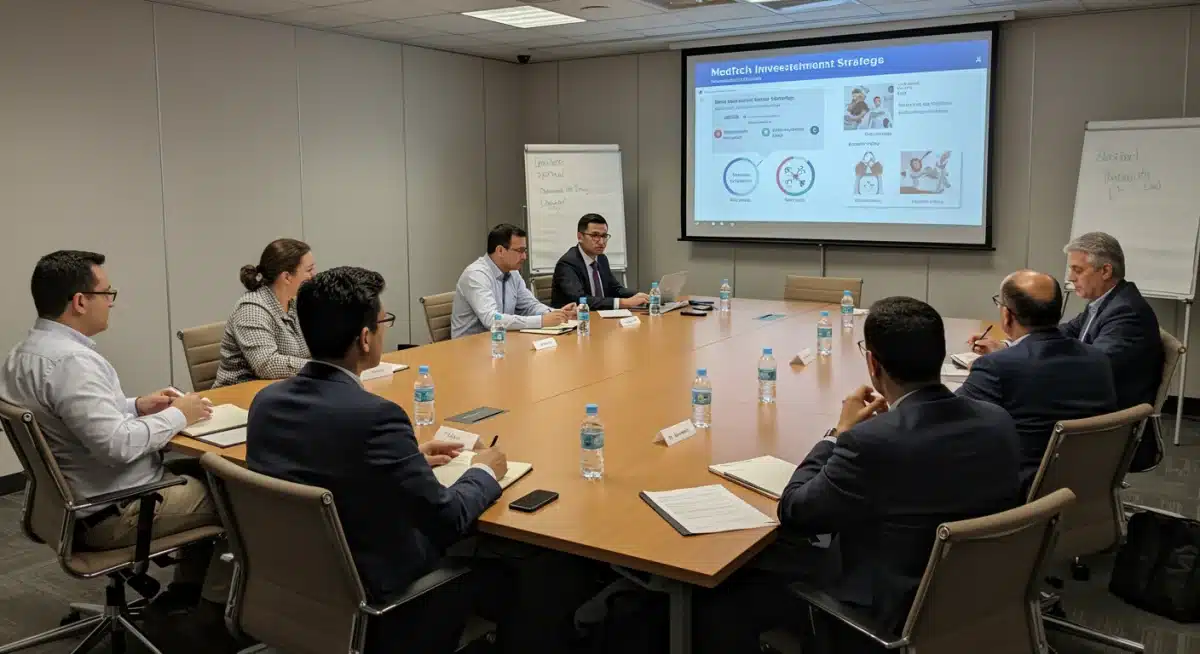 Professionals discussing MedTech investment strategies in a modern conference room.