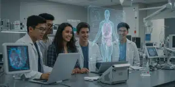 Students engaging with holographic technology in a MedTech lab, representing future medical education.