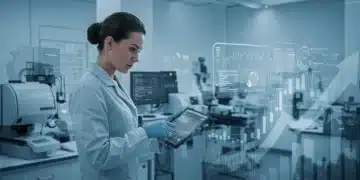 Professional analyzing data on a tablet in a high-tech MedTech lab