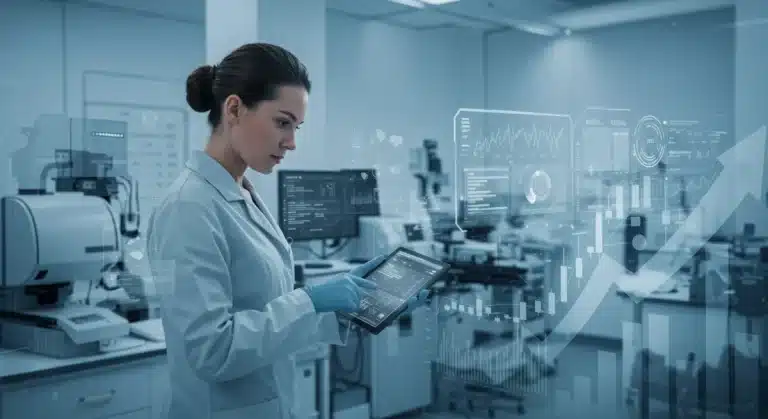 Professional analyzing data on a tablet in a high-tech MedTech lab