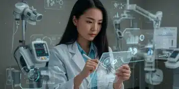 Futuristic MedTech benefits checklist on a digital tablet