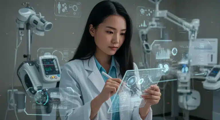 Futuristic MedTech benefits checklist on a digital tablet