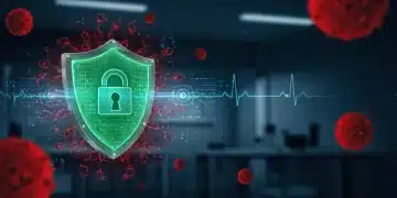 Cybersecurity shield protecting healthcare data, symbolizing defense against digital threats.