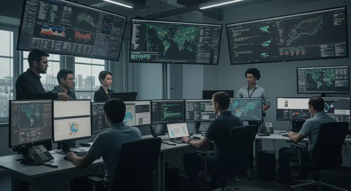 Cybersecurity team in a SOC monitoring threats and collaborating.