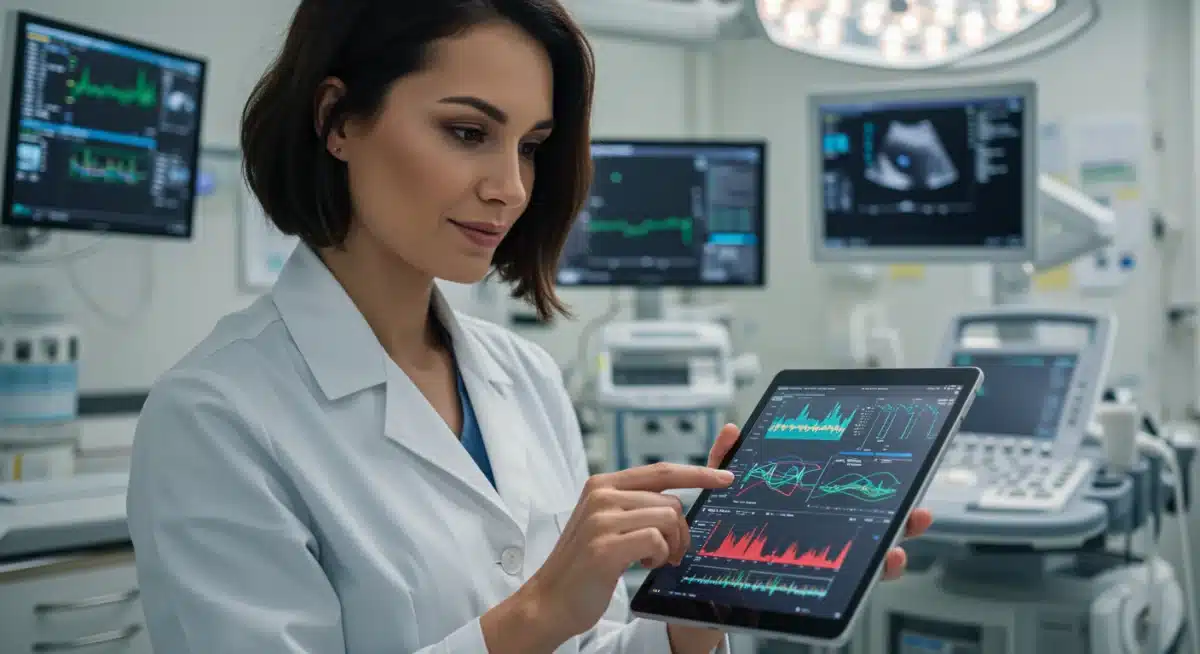Healthcare professional analyzing medical data on a tablet with integrated MedTech.