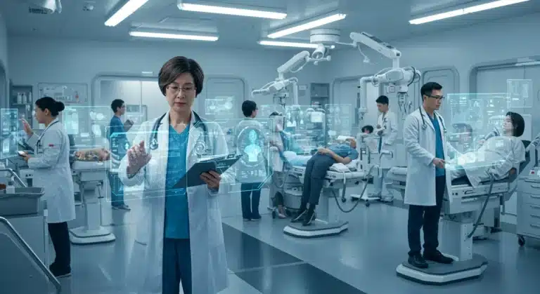 Doctors using advanced MedTech for patient care in a modern hospital setting.
